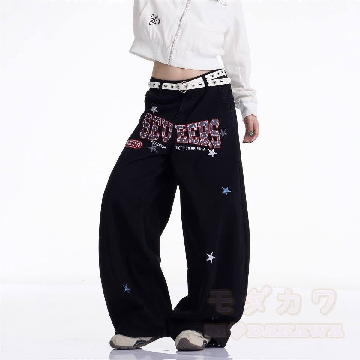 Vintage Print Wide Leg Denim Jeans - image 4
