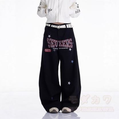 Vintage Print Wide Leg Denim Jeans - Black - 3XL - image 3