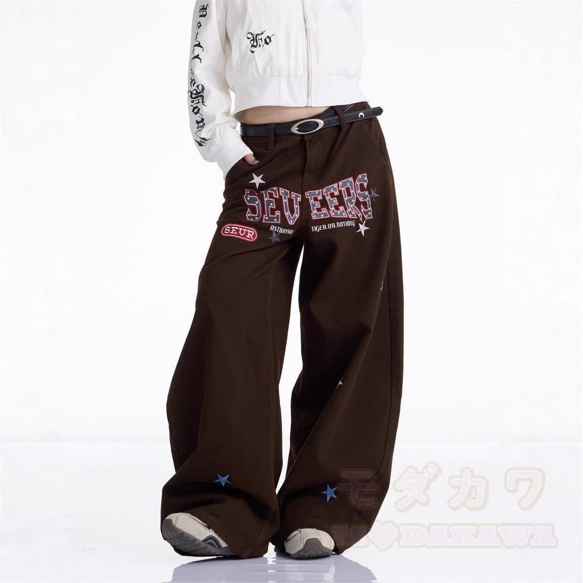 Vintage Print Wide Leg Denim Jeans - Brown - 3XL - image 2