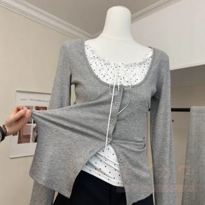 Lace Faux Two Piece Top and Plus Size Skirt Two Pieces Set - Grey Top - XL - image 3