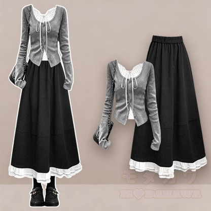 Lace Faux Two Piece Top and Plus Size Skirt Two Pieces Set - image 1
