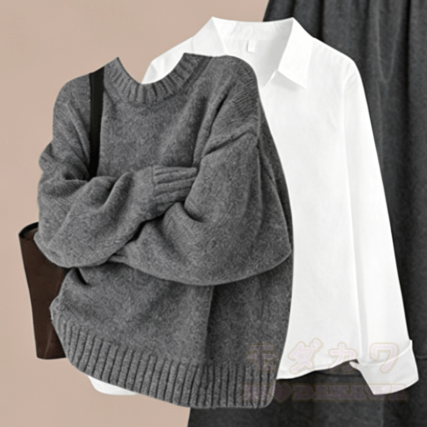 Gray Knit Sweater and Shirt and Skirt Three Pieces Set - Sweater+Shirt - XL - image 2