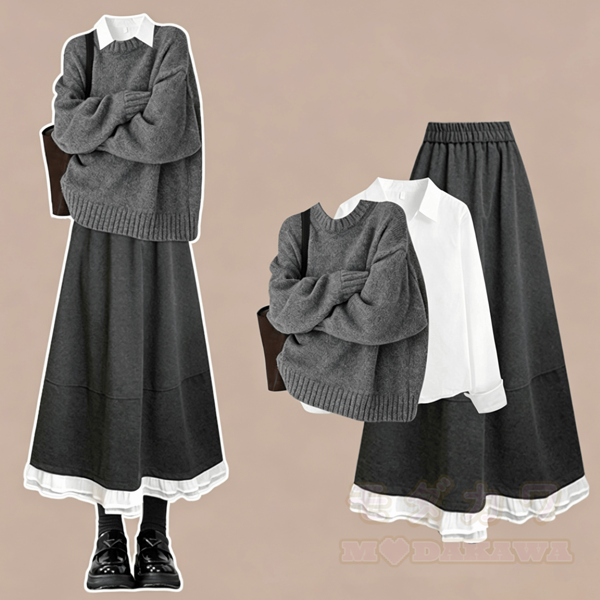 Gray Knit Sweater and Shirt and Skirt Three Pieces Set - Set - XL - image 1