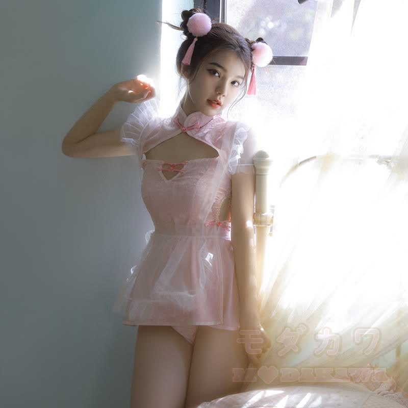 Sexy Cutout Cheongsam Uniform Costume Set - Pink - One Size - image 8