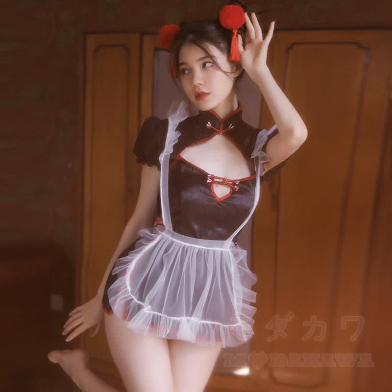 Sexy Cutout Cheongsam Uniform Costume Set - Black - One Size - image 1
