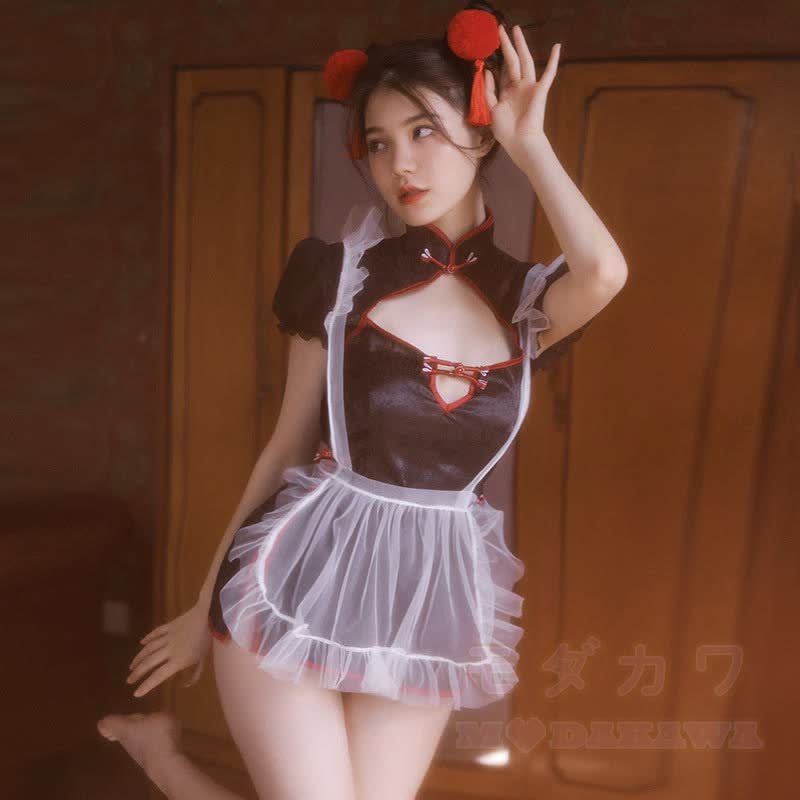 Sexy Cutout Cheongsam Uniform Costume Set - Black - One Size - image 1