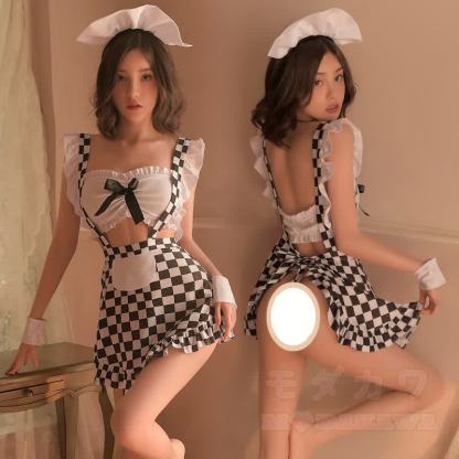 Sexy Black and White Plaid Maid Lingerie Costume Set - image 4