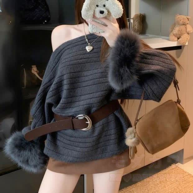 Chic Off Shoulder Fuzzy Sleeve Knit Top - image 1