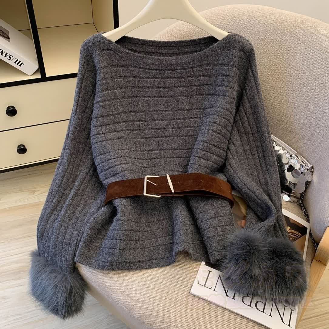 Chic Off Shoulder Fuzzy Sleeve Knit Top - Grey - One Size - image 2