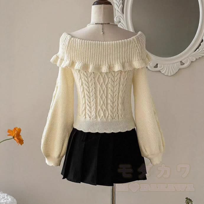 Off Shoulder Ruffle Trim Knit Top - image 2