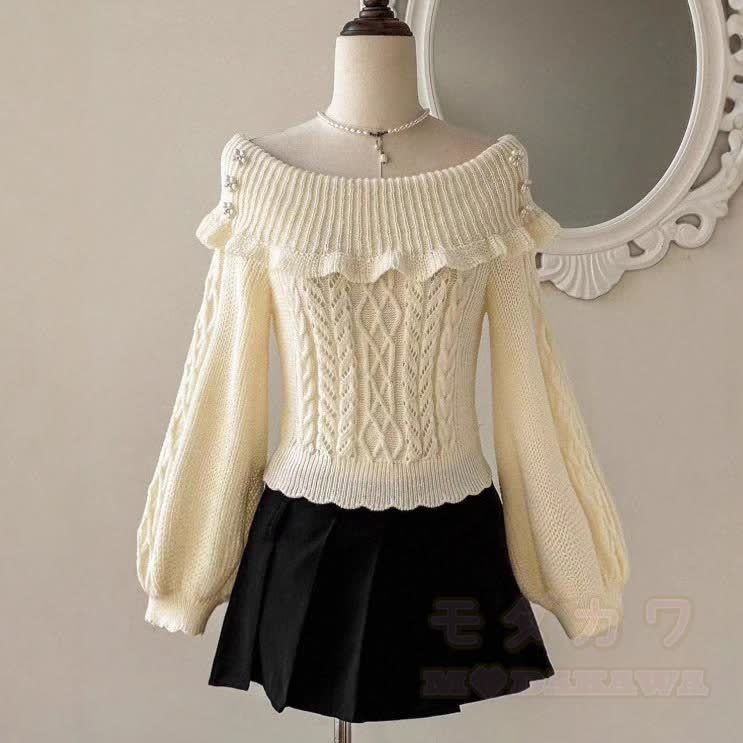 Off Shoulder Ruffle Trim Knit Top - Yellow - L - image 1