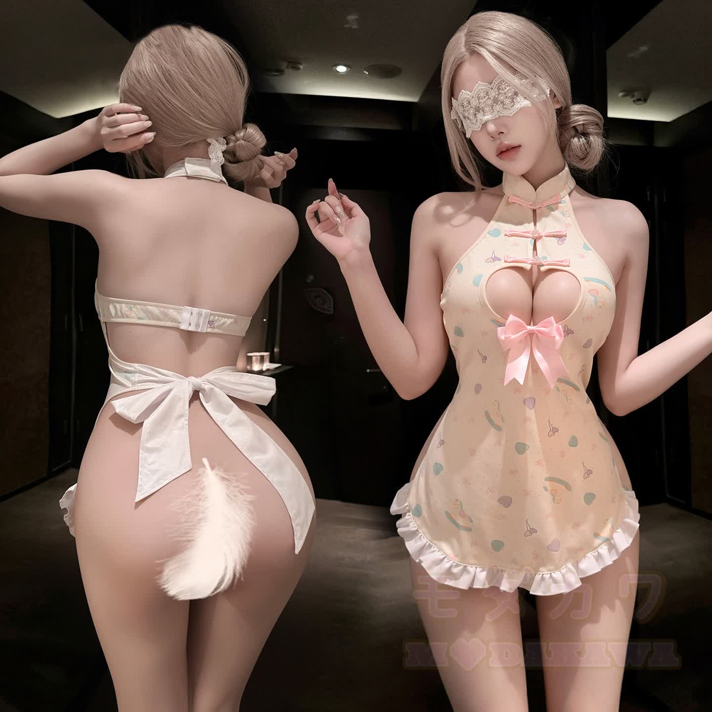 Playful Knot Button Bow Backless Cheongsam Lingerie - White - One Size - image 1