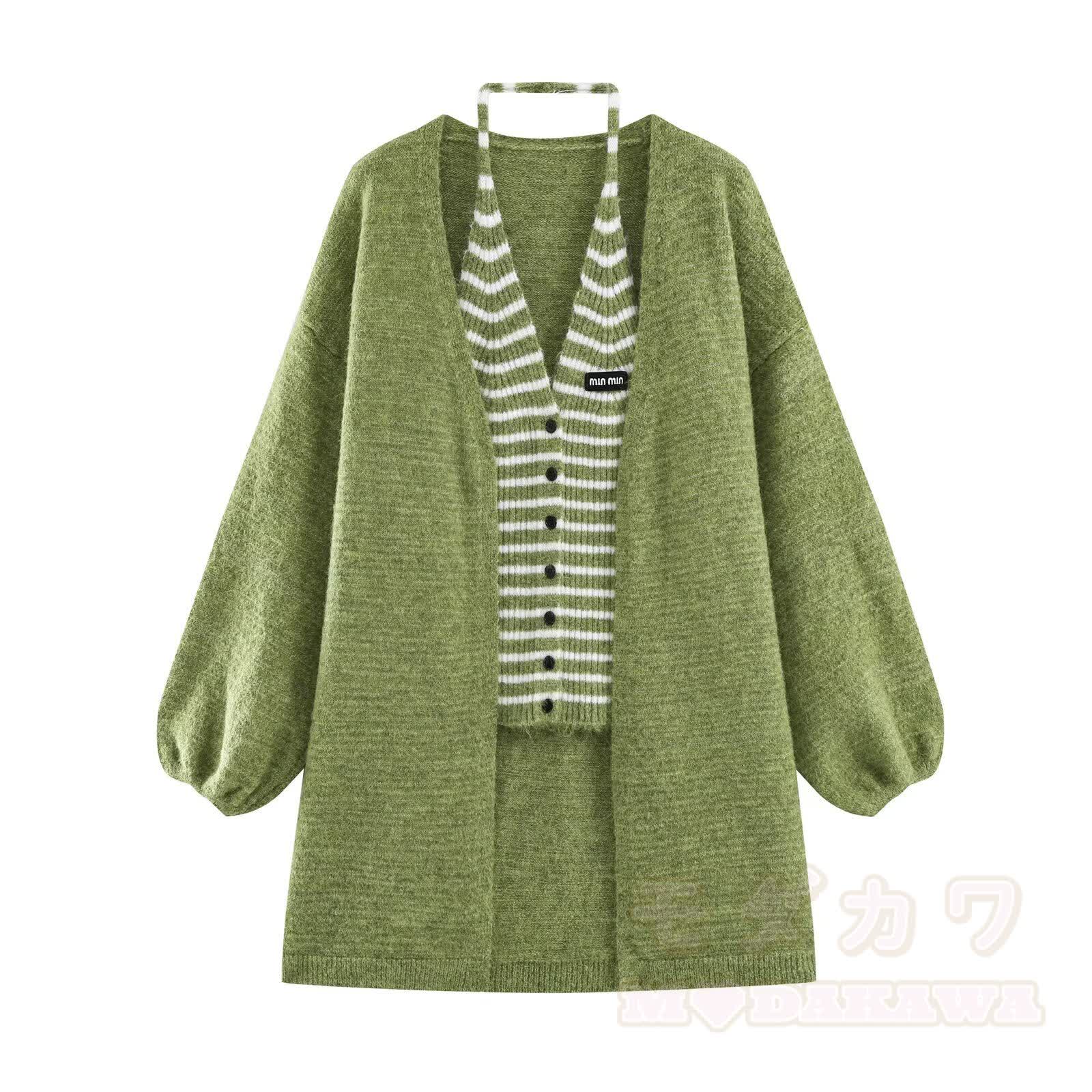 Chic Striped Knit Vest with Cardigan Jacket - Green - L - image 3