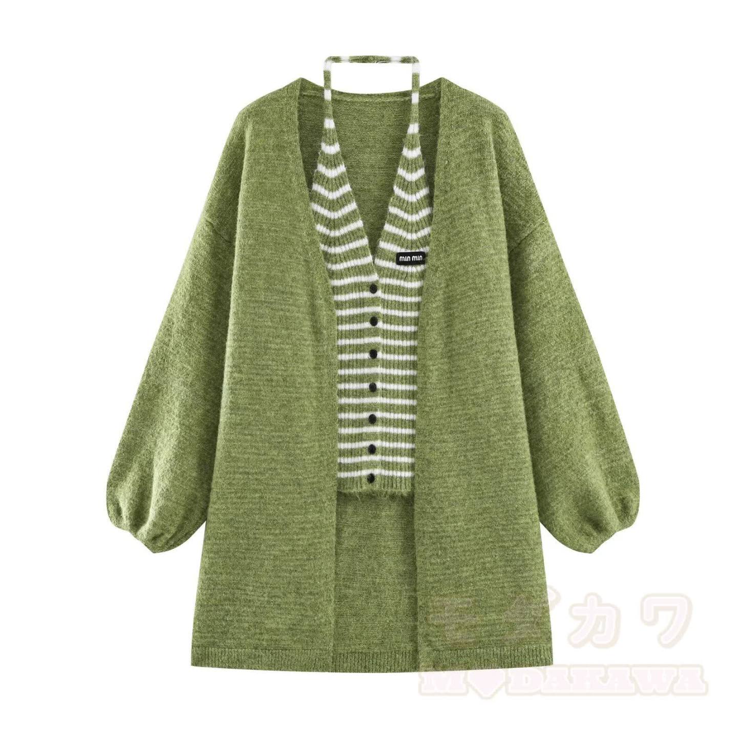 Chic Striped Knit Vest with Cardigan Jacket - Green - L - image 3