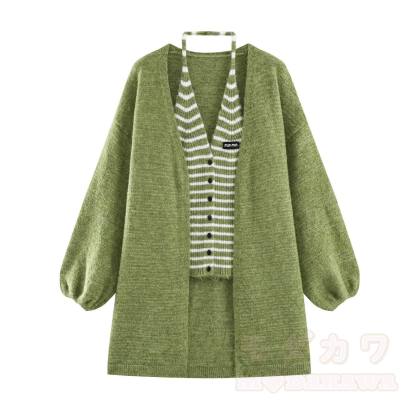 Chic Striped Knit Vest with Cardigan Jacket - Green - L - image 3