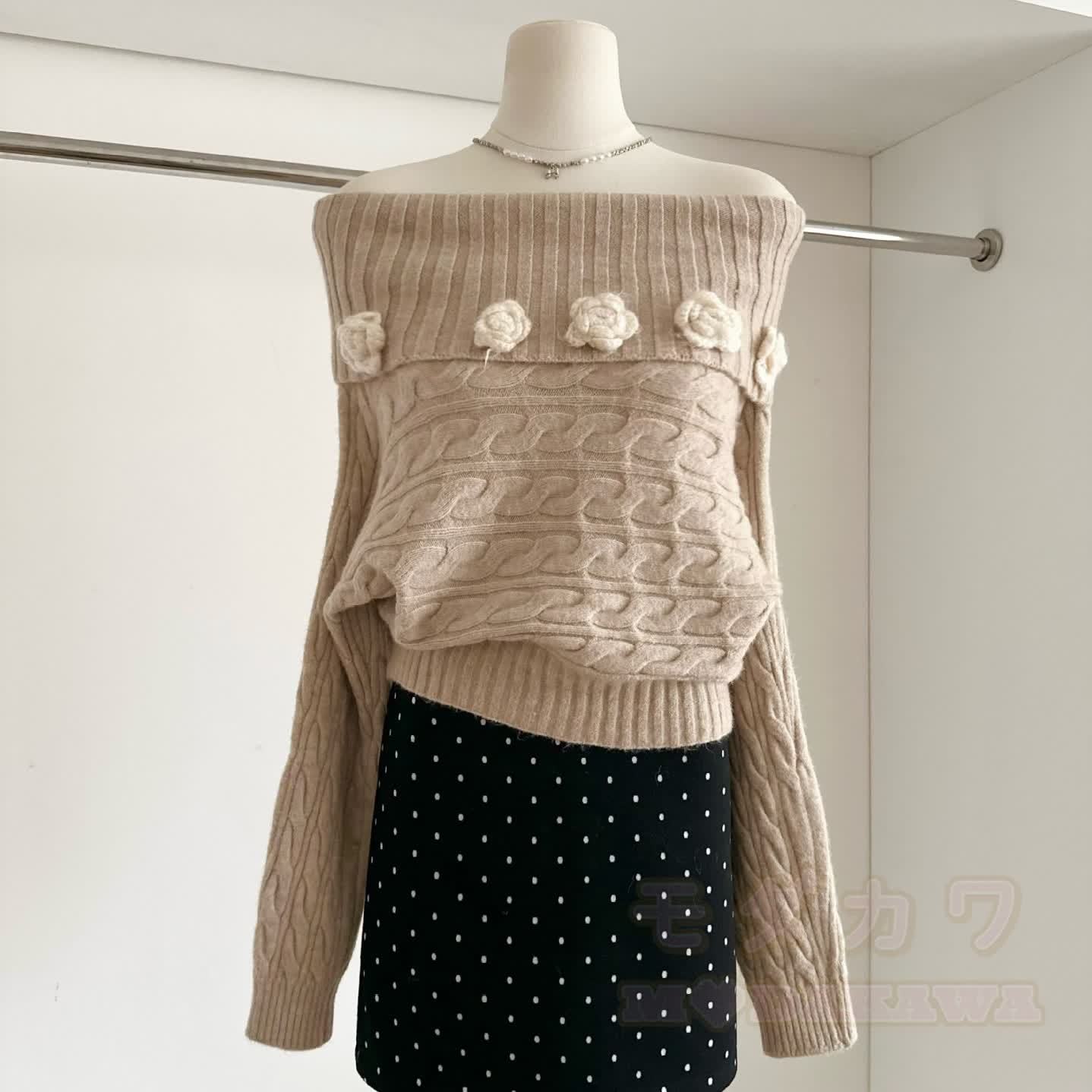 Chic Off Shoulder 3D Floral Knit Top - Khaki - One Size - image 3
