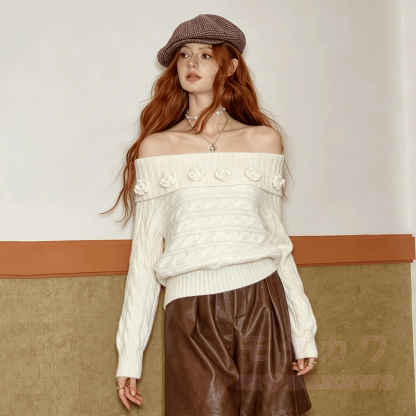 Chic Off Shoulder 3D Floral Knit Top - image 1