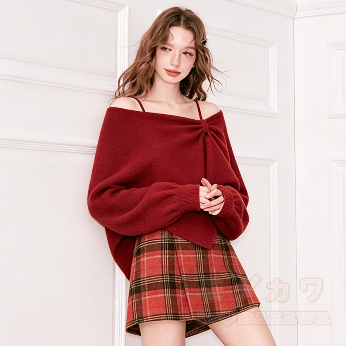 Off Shoulder Knit Cover Up with Sweater Cami - Red - L - image 1