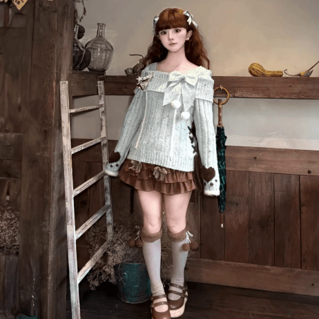 Vintage Off Shoulder Bow Knit Sweater Ruffled Skirt Two Pieces Set - image 2