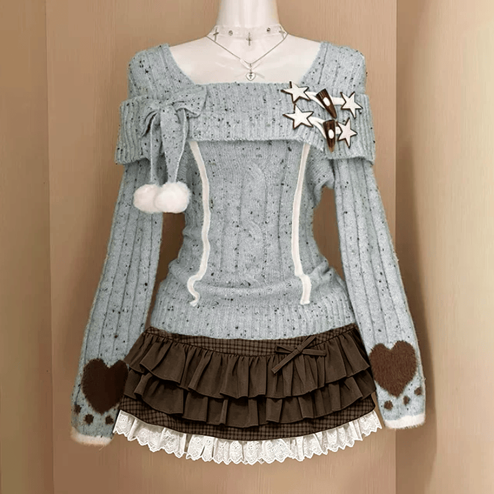 Vintage Off Shoulder Bow Knit Sweater Ruffled Skirt Two Pieces Set - Set - L - image 1