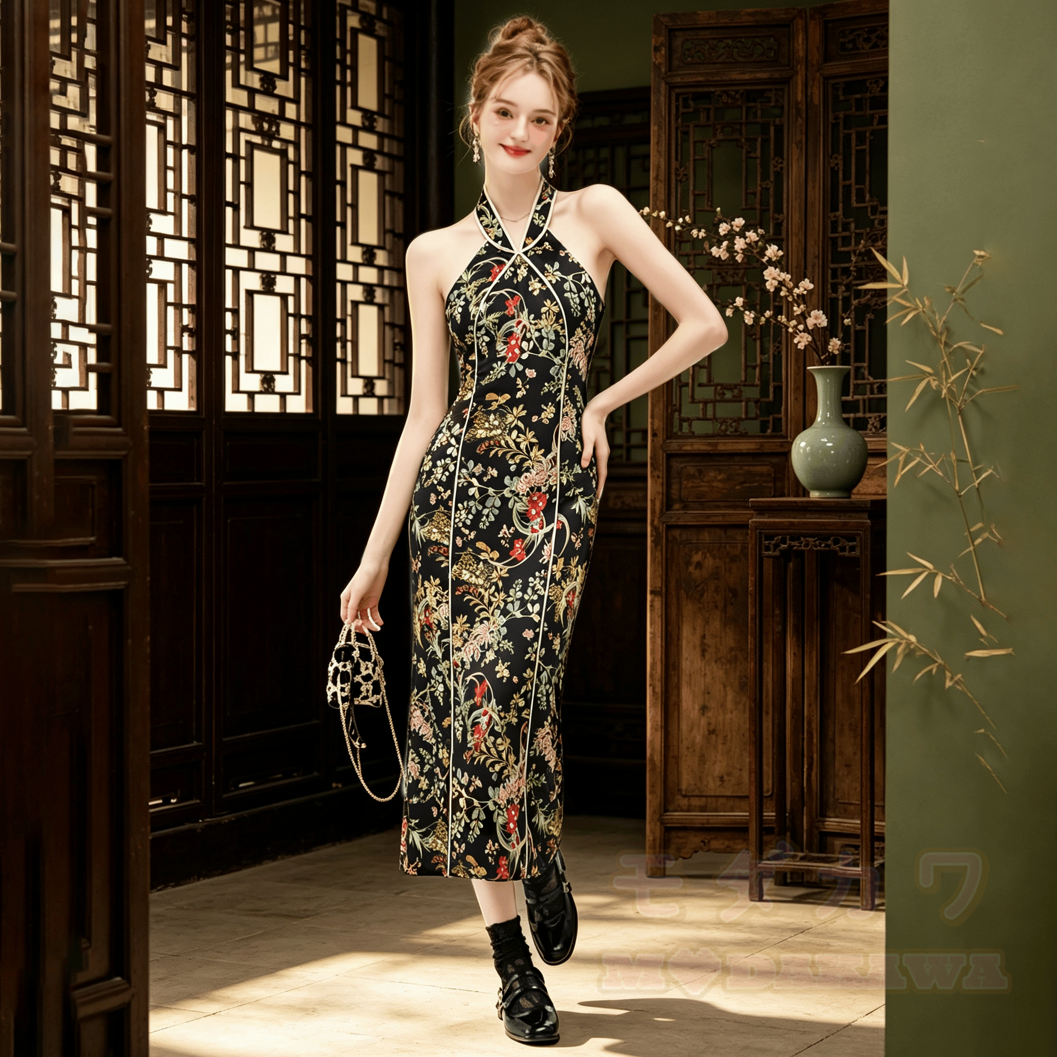 Halter Printed Slim Fit Cami Dress - Black - L - image 1