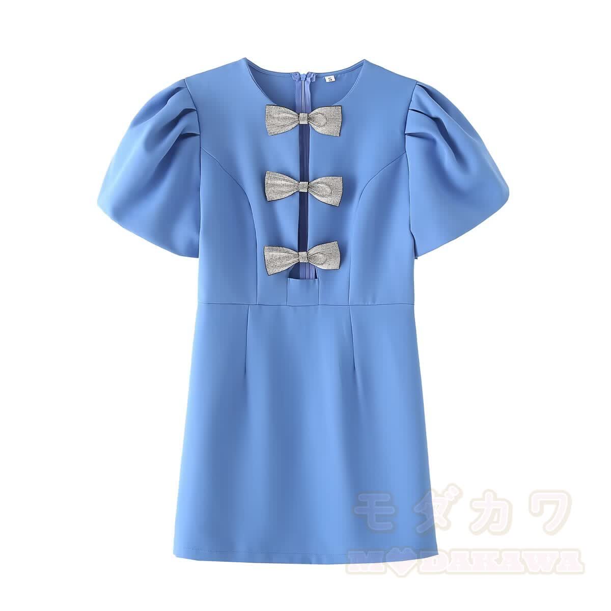 Glamorous Rhinestone Bow Cutout Puff Sleeves Dress - image 2