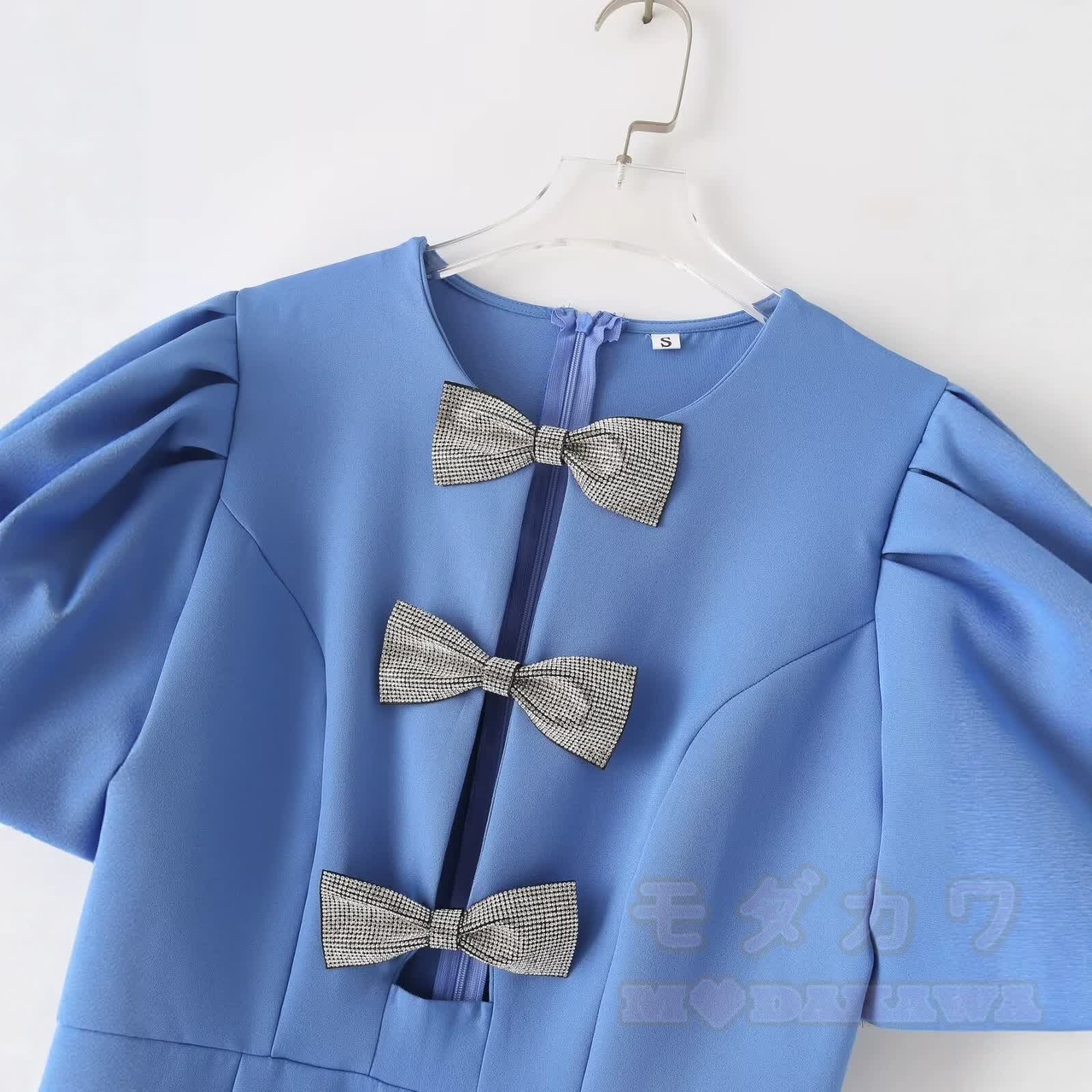 Glamorous Rhinestone Bow Cutout Puff Sleeves Dress - image 4