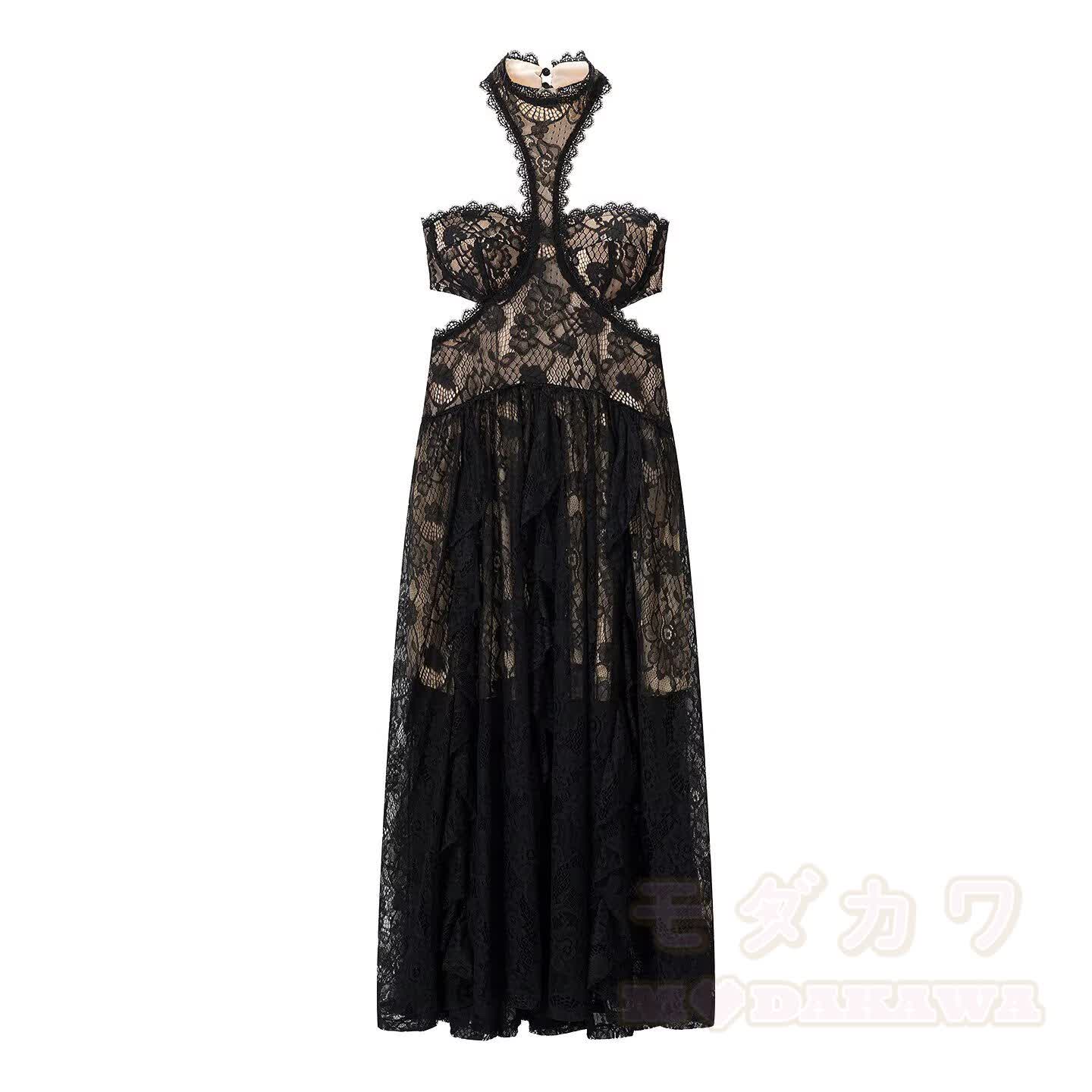 Elegant Lace Trim Halter Party Dress - Black - L - image 3