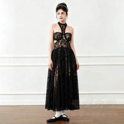 Elegant Lace Trim Halter Party Dress - image 1