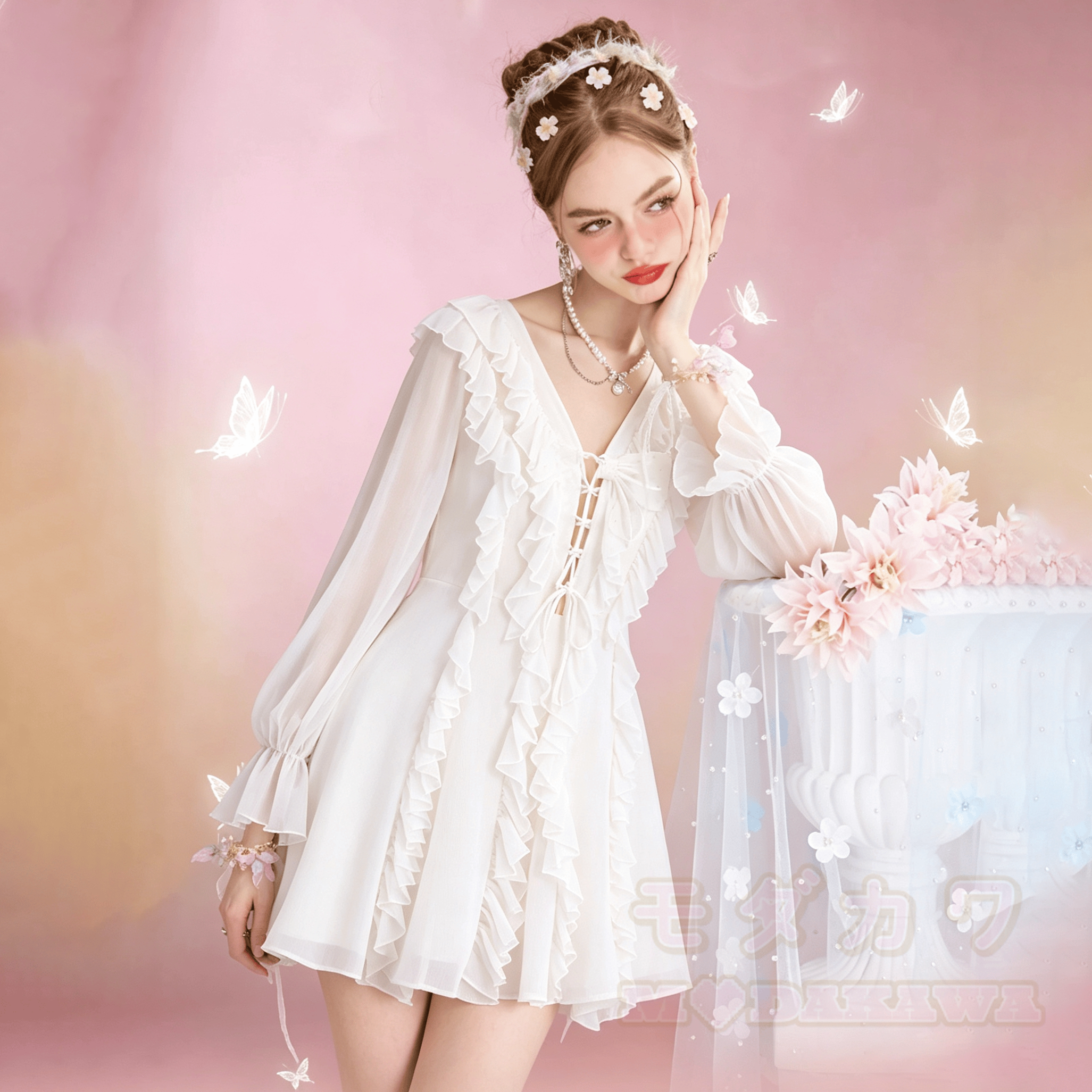 Dreamy Chiffon Ruffle Layered Long Sleeves Dress - White - L - image 1
