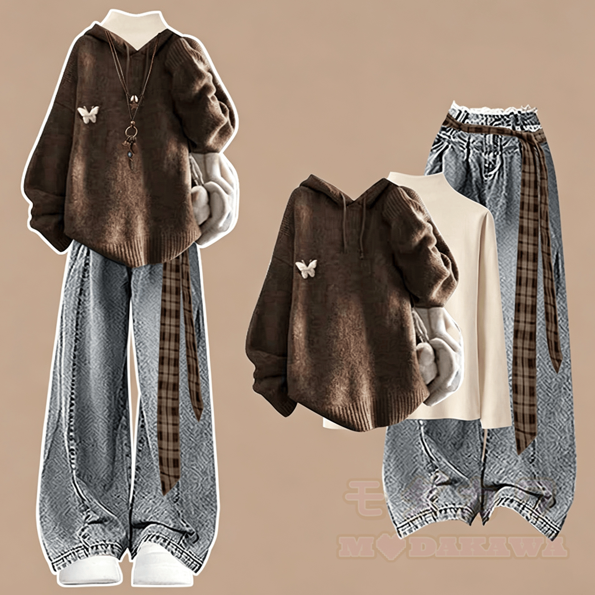 Maillard Hooded Knit Sweater and Shirt and Jeans Three Pieces Set - Sweater+Shirt - XL - image 1
