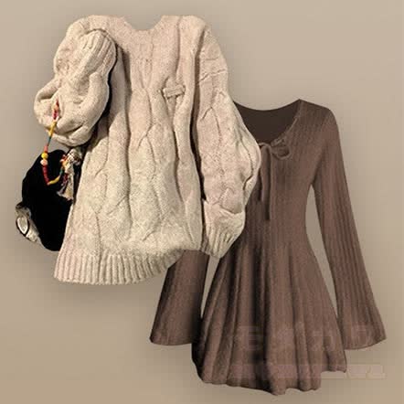 Apricot Sweater and Knit Dress and Scarf Three Pieces Set - Sweater+Dress - XL - image 2