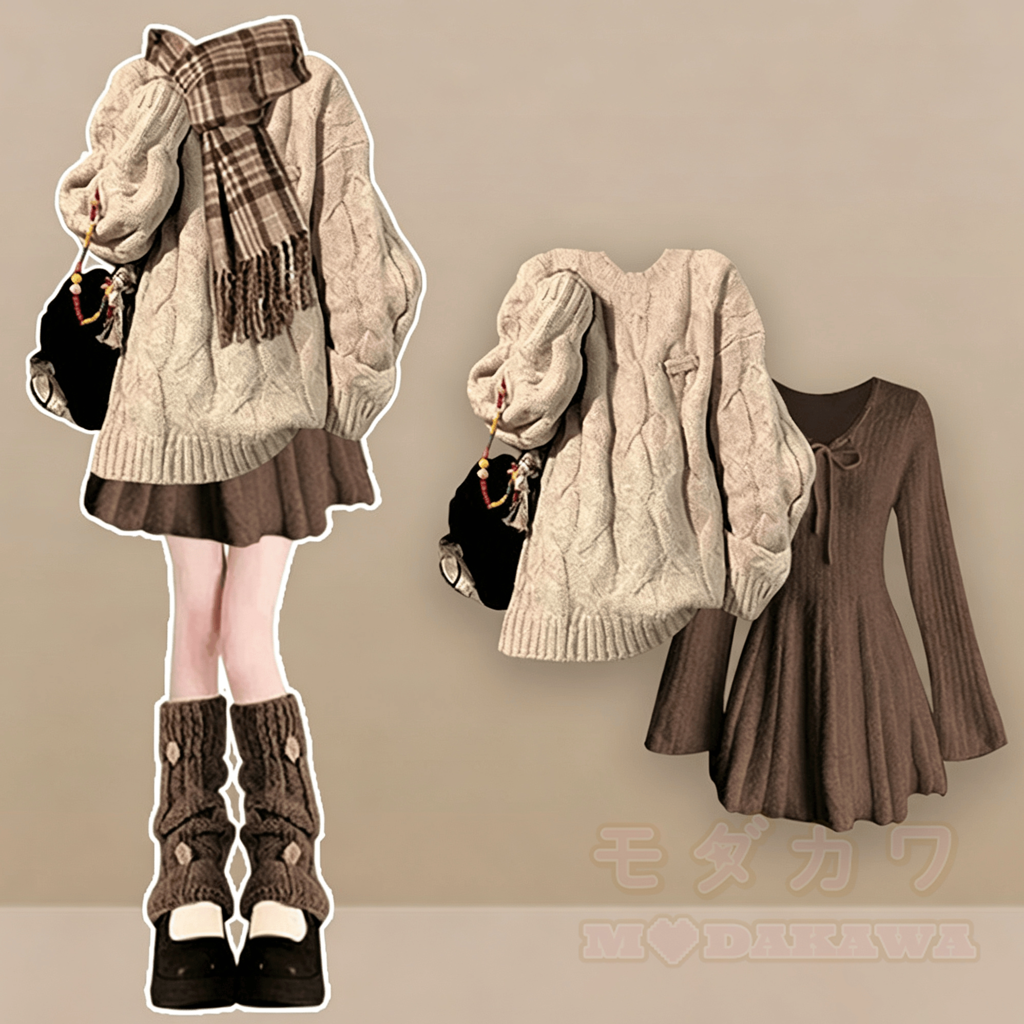 Apricot Sweater and Knit Dress and Scarf Three Pieces Set - image 1