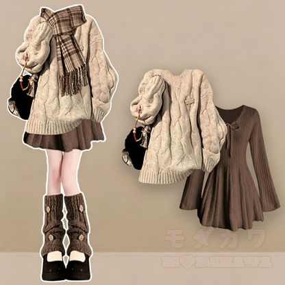 Apricot Sweater and Knit Dress and Scarf Three Pieces Set - image 1