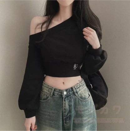 One-Shoulder Waist-Slimming Long Sleeve Sweatshirt - Black - XL - image 4