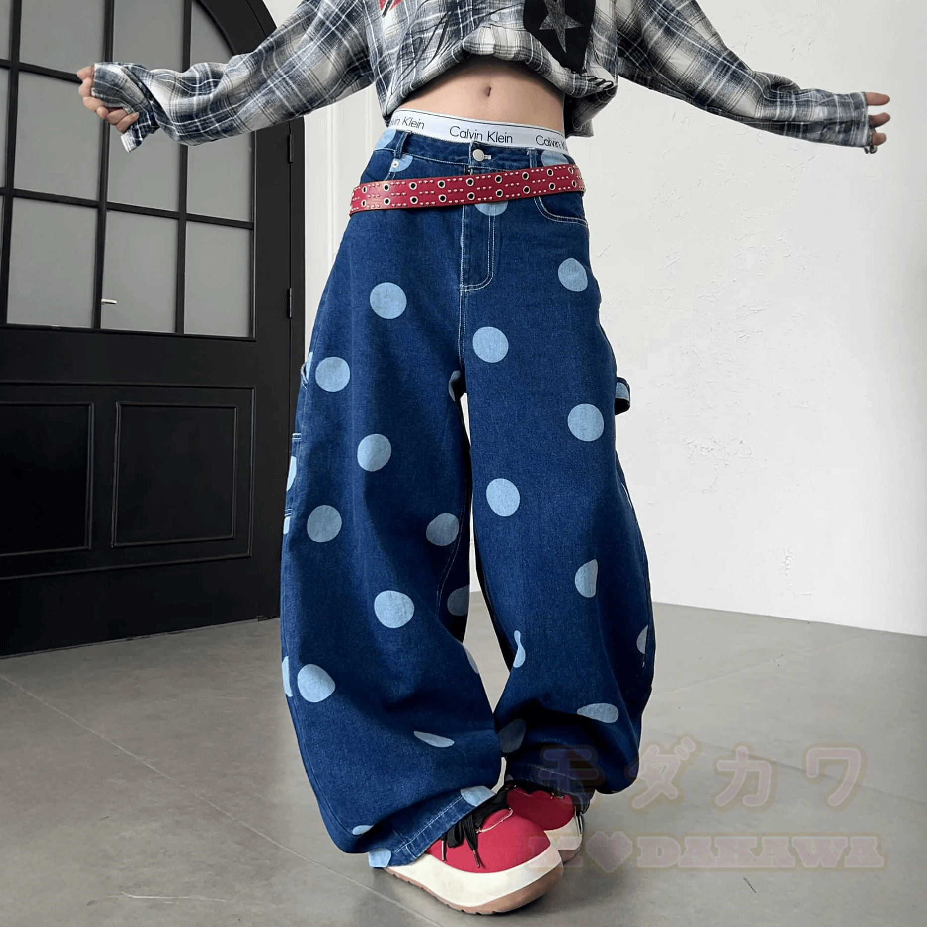 Vintage Large Polka Dot Denim Jeans - Blue - 3XL - image 1