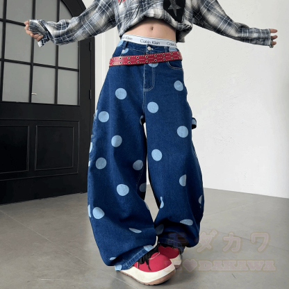 Vintage Large Polka Dot Denim Jeans - Blue - 3XL - image 1