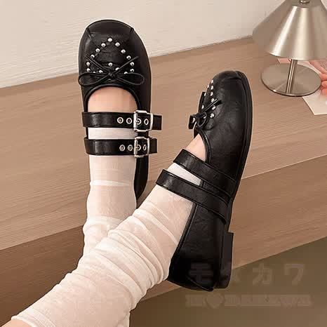Cross Strap Studded Mary Jane Shoes - Black - 42 - image 1