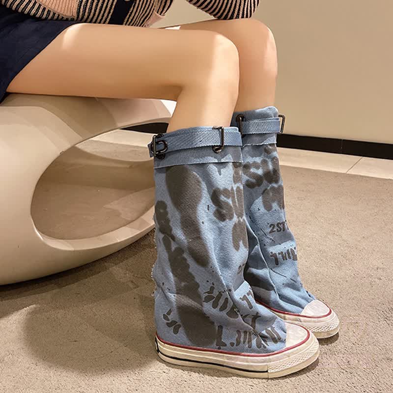 Vintage Graffiti High Top Canvas Stacked Mid Calf Boots - image 8