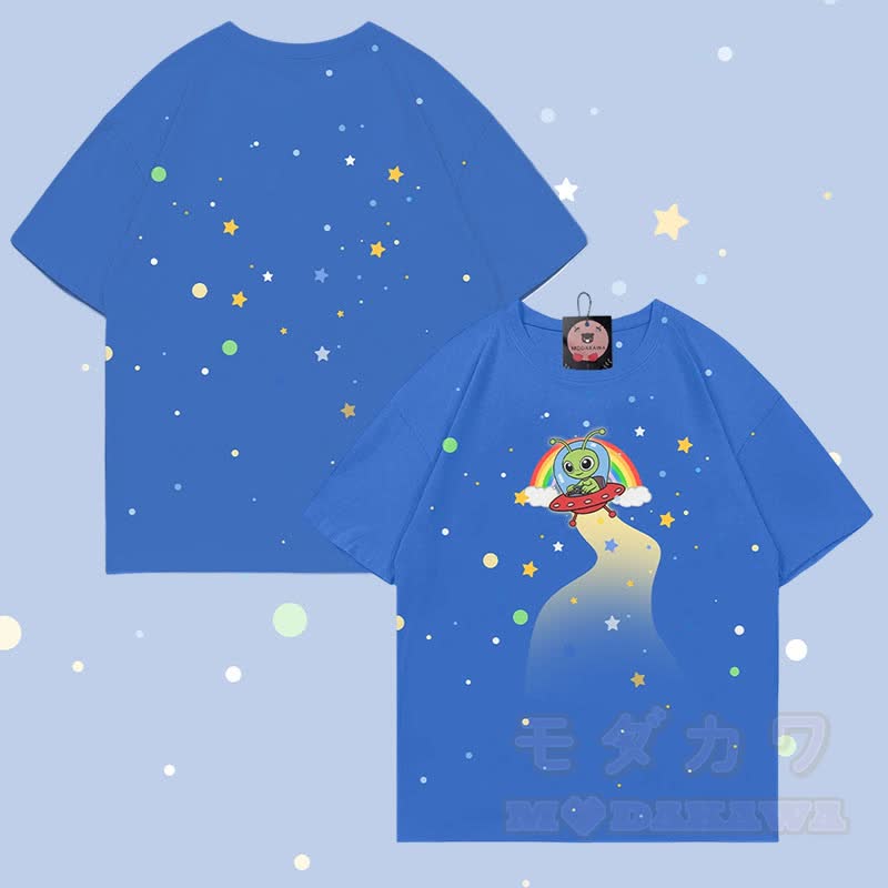 MODAKAWA Starry Alien Graphic All Over Print T-shirt - Dark Blue - 5XL - image 3