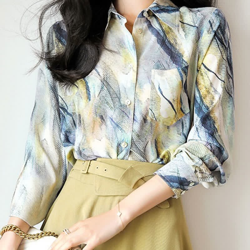 Vintage Print Long Sleeve Pocket Lapel Shirt Workwear - image 1