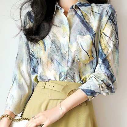 Vintage Print Long Sleeve Pocket Lapel Shirt Workwear - image 1