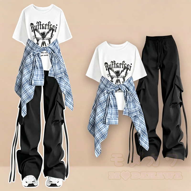  Casual Butterfly Print Tee Plaid Shirt Cargo Wide Leg Pants Three Pieces Set - White T-Shirt+Black Pants+Blue Shirt - 3XL - image 9