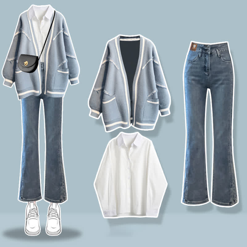 Letter Embroidery Cardigan Sweater Lapel Shirt Denim Pants Matching Outfit - Set A - XL - image 1