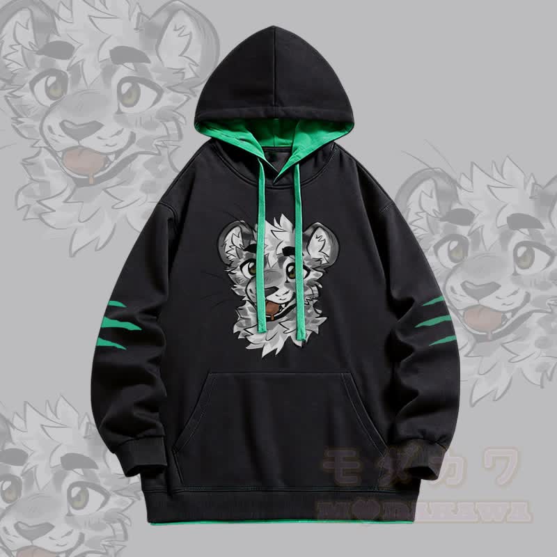 MODAKAWA X atka Cheeky Tiger Face Graphic Oversized Contrast Lining Pullover Hoodie - Black - 4XL - image 3