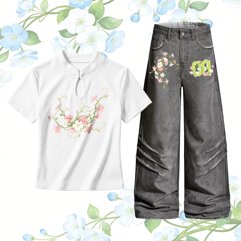 Flower Number Graphic Buckle T-shirt Denim Pants Modakawa Two Pieces Set - Set B - L - image 2