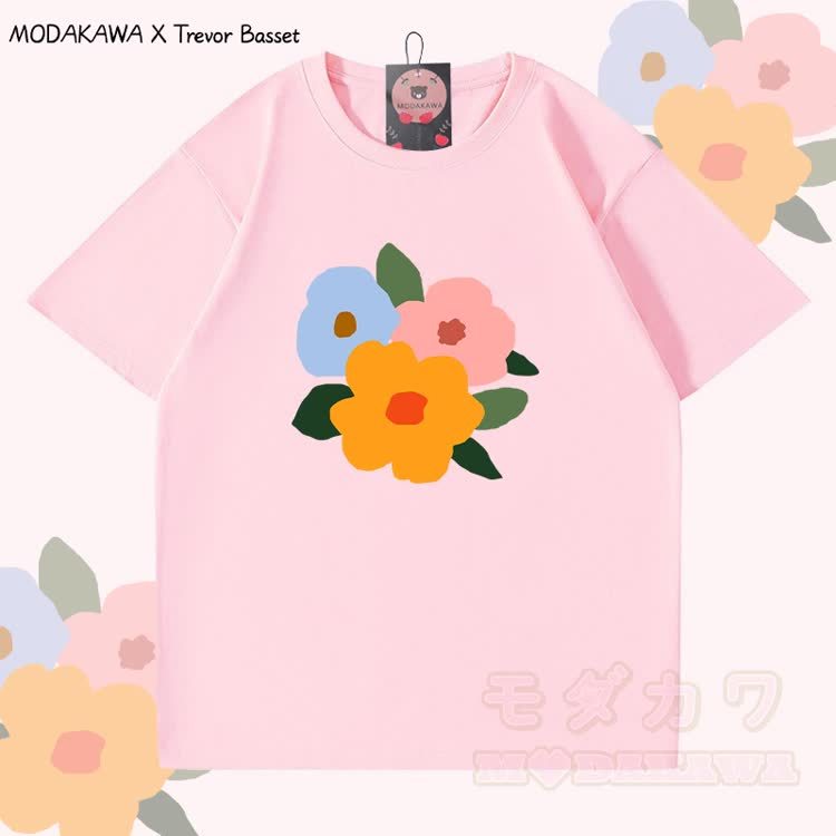 MODAKAWA X Trevor Basset Three Flowers Graphic 100% Cotton T-shirt - Pink - 5XL - image 4