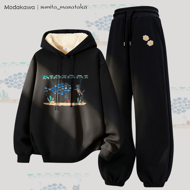 MODAKAWA X sumita_masataka Diving Cat Graphic Thick Fleece Lined Hoodie Pants Two Pieces Set - Black - 5XL - image 4
