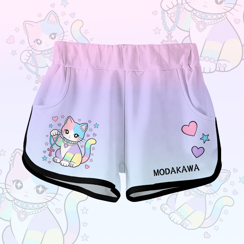Pastel Gradient Cat Graphic Modakawa Shorts - Purple A - 5XL - image 2