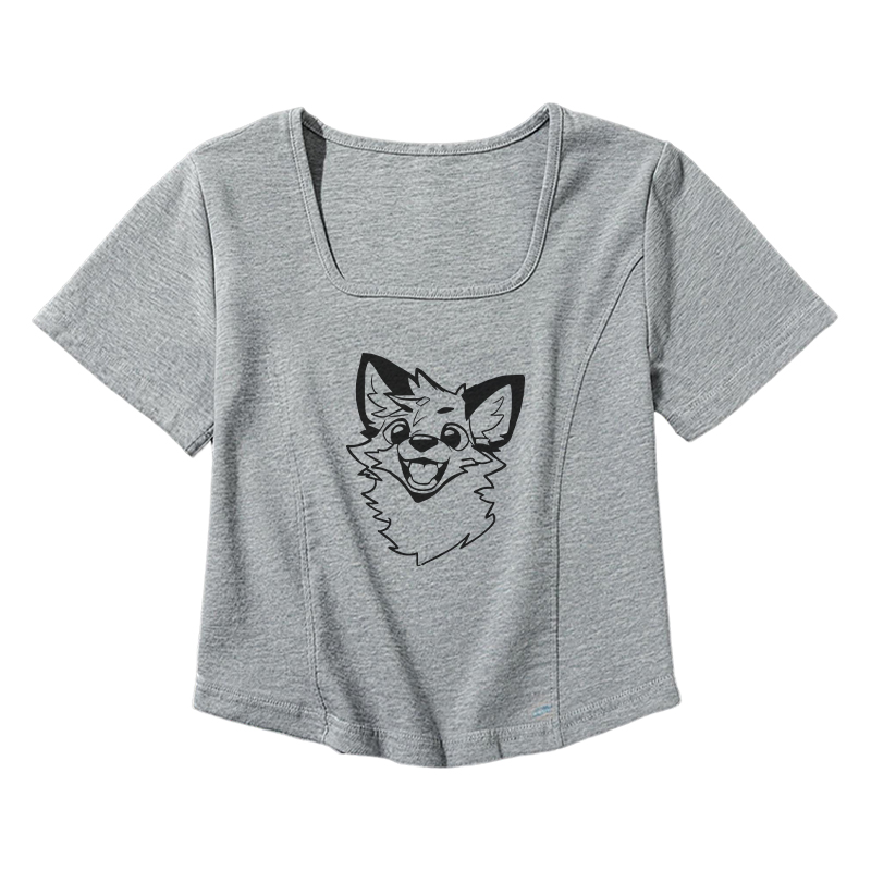 MODAKAWA X atka Funny Fox Square Neck T-shirt Belt Pleated Skirt Matching Outfit - Grey T-shirt - 2XL - image 3